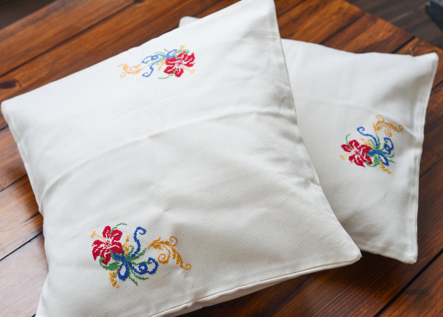 Cross Stitched Cushion Cover Set - Christmas Florals