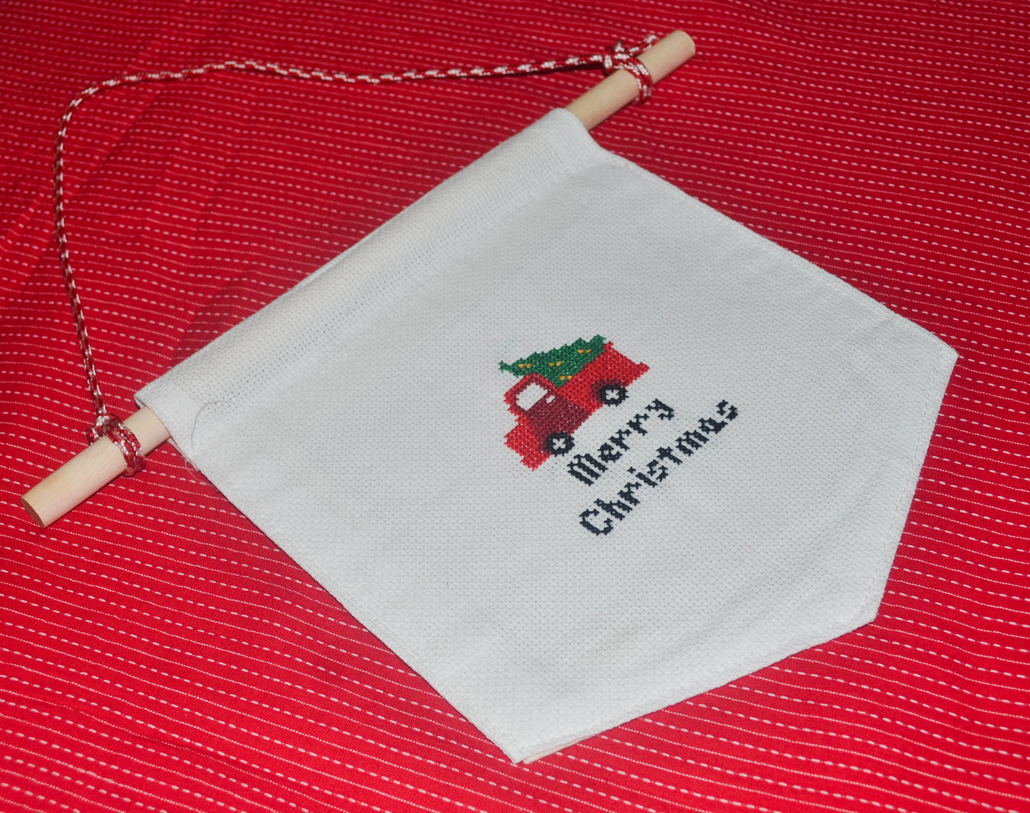 Cross Stitched Wall Hanging - Red Christmas Truck