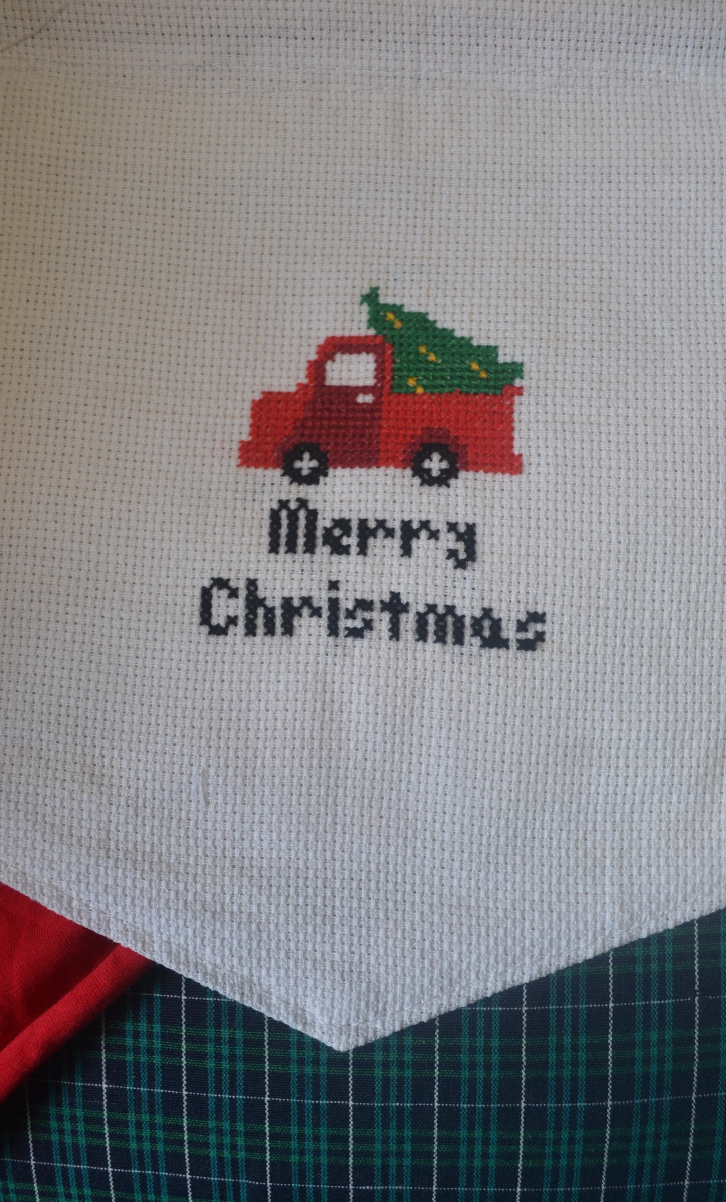 Cross Stitched Wall Hanging - Red Christmas Truck