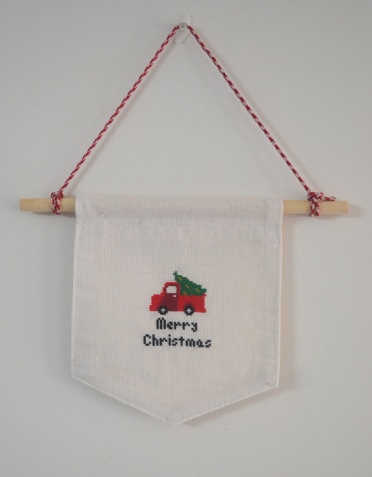 Cross Stitched Wall Hanging - Red Christmas Truck