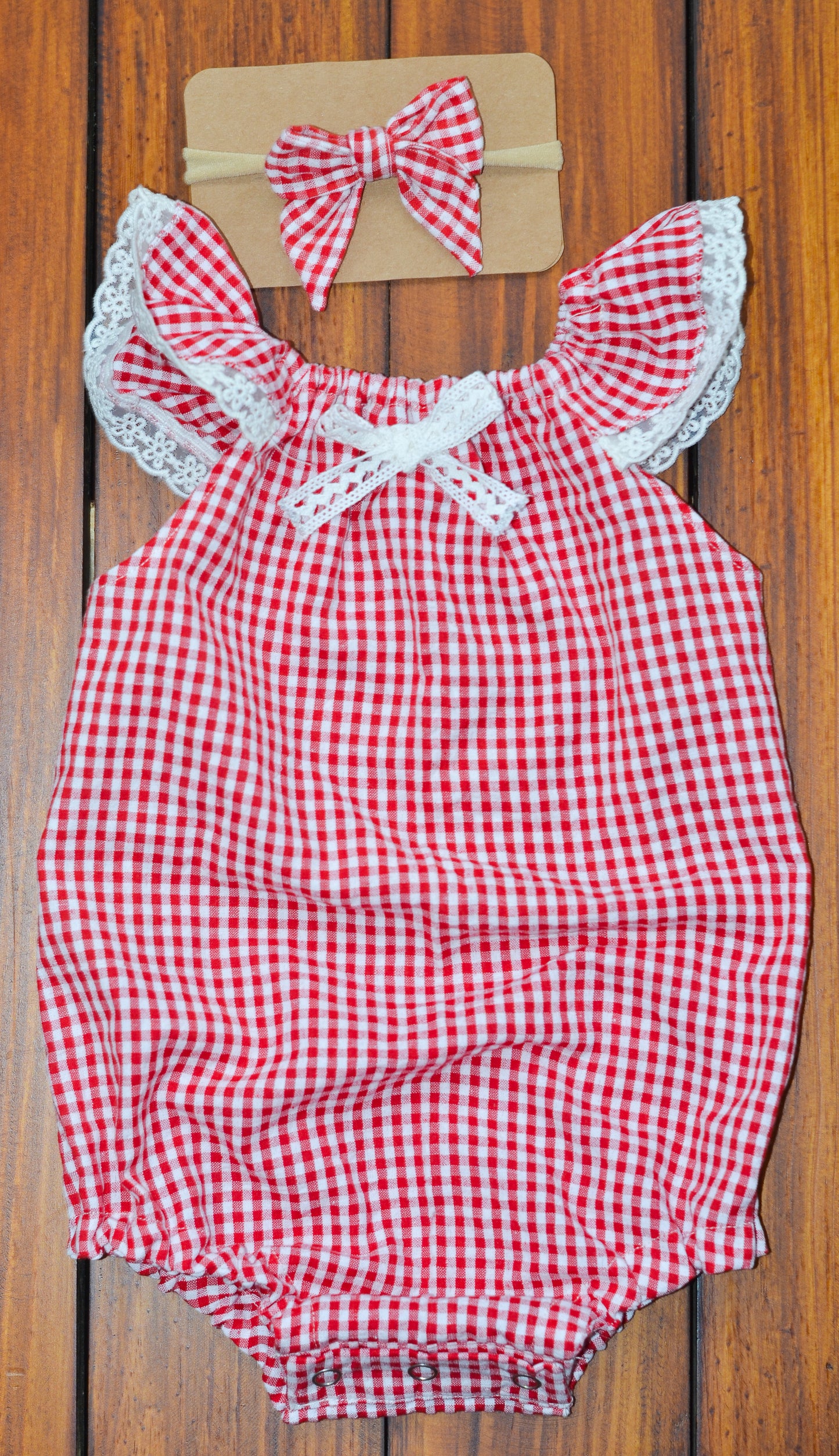 Seersucker Romper - Red Checks with Head band